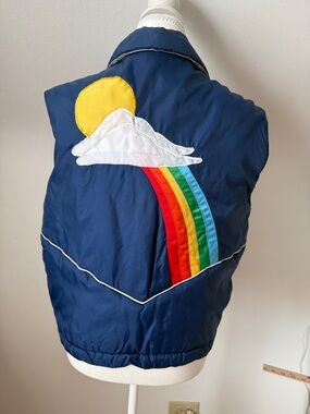 VTG Antler Navy Puffer Vest with Rainbow & Sun Appliqué